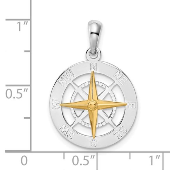 925 Sterling Silver Polished Small Compass with 14k Gold Needle Necklace Pendant - Picture 2 of 4